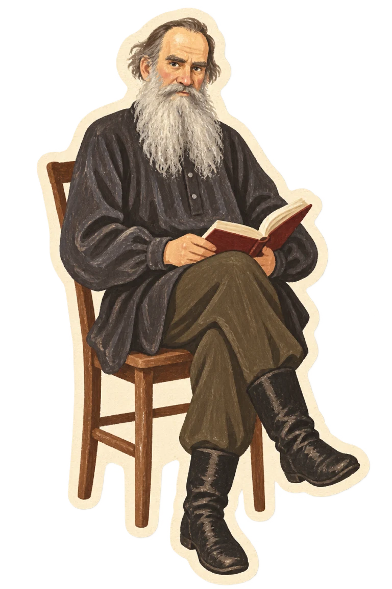 Иллюстрация Льва Толстого с открытой книгой